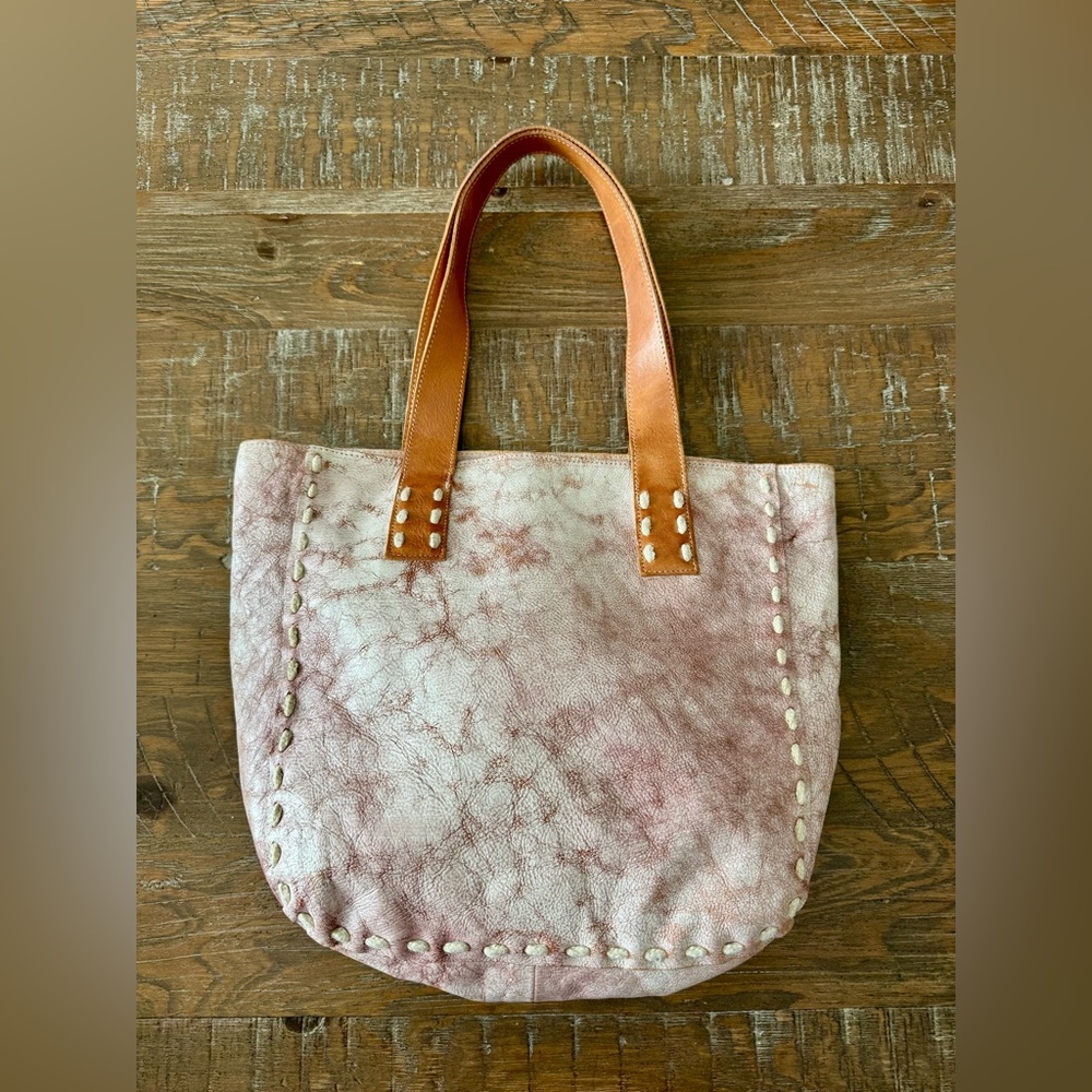 Bed Stu Pink Marble Tote with Tan Leather Handles